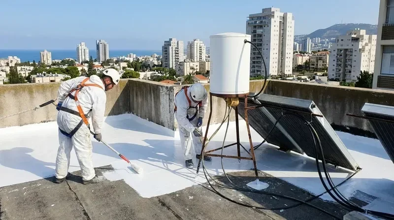 איטום גג מקצועי בחיפה — פועלים מבצעים עבודות איטום על גג בנין