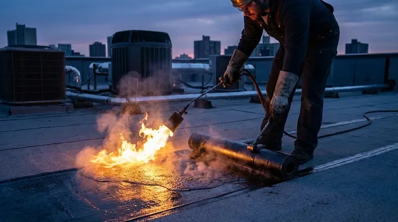 זיפות גג מקצועית עם ממברנה ביטומנית על גג תעשייתי
