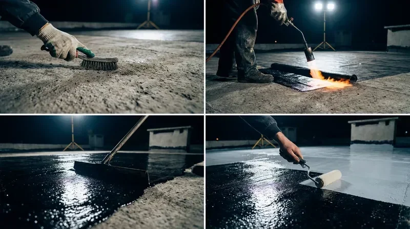 תהליך זיפות גג מקצועי — ניקוי, טיפול בסדקים, הנחת קרן ביטומנית וציפוי הגנה