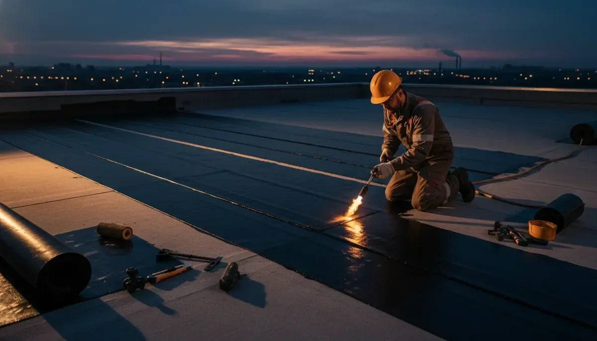 טכנאי איטום מקצועי מבצע עבודת קרום ביטומני על גג תעשייתי