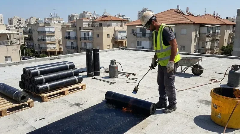 עבודות איטום גג בזפת ביטומינית על גג שטוח בישראל