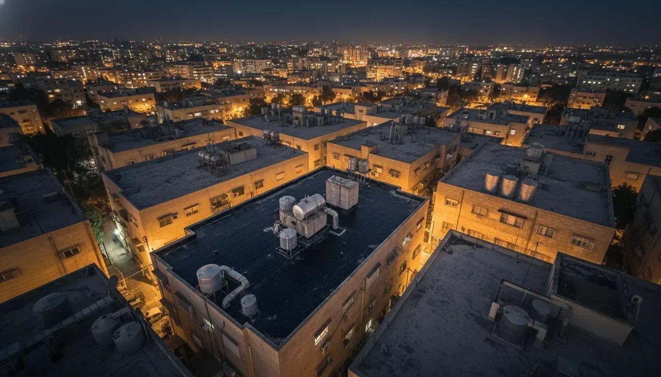 נוף גגות עירוני בלילה — פרויקטי איטום ושיפוץ של מאור אחזקות