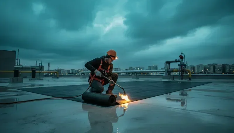 עובד מקצועי מבצע איטום גג ביריעות ביטומניות על גג בטון שטוח