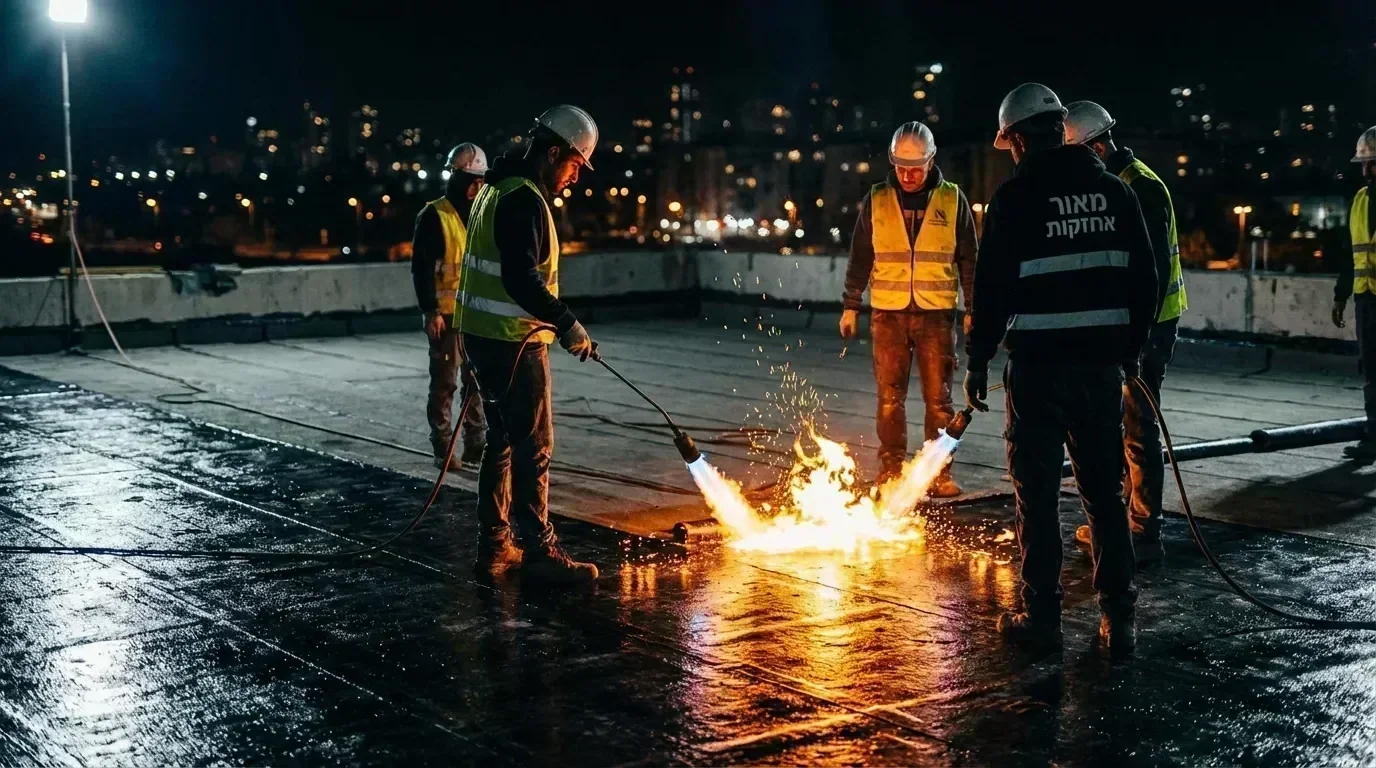עבודות איטום גגות מקצועיות בלילה עם להבת לפיד על גג מסחרי גדול